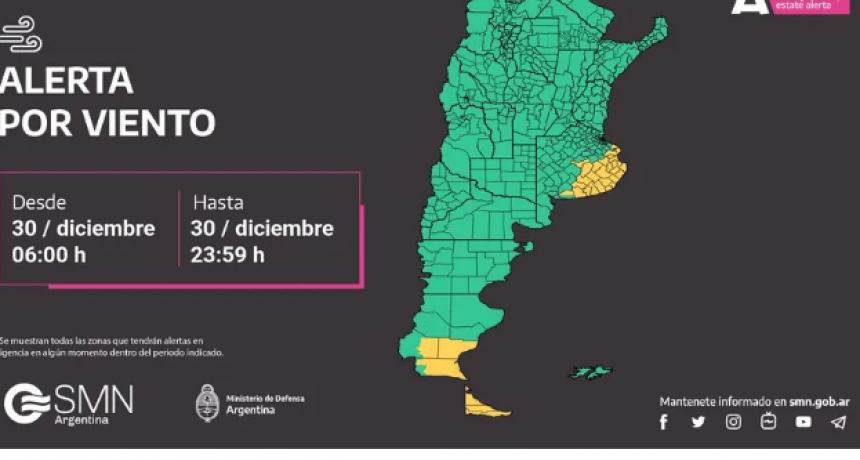Alerta amarillo por vientos en localidades de la Provincia